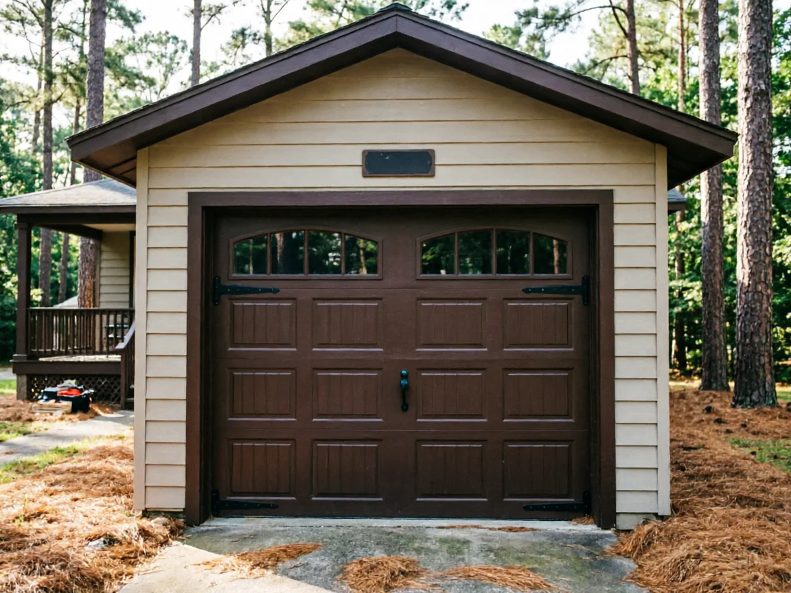 The brown garage door has decorative windows and hinges on a beige garage.
