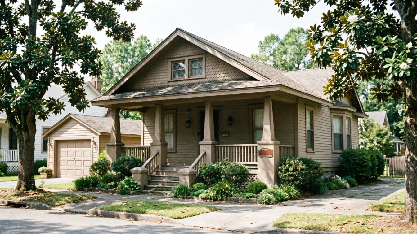 A brown house with a front porch and a detached garage is visible from the street.
