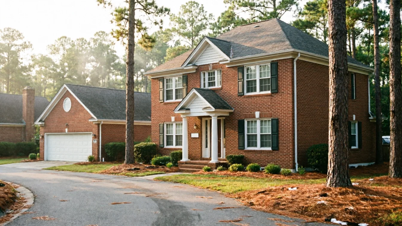 The house has a white garage door, brick exterior, and green shutters.