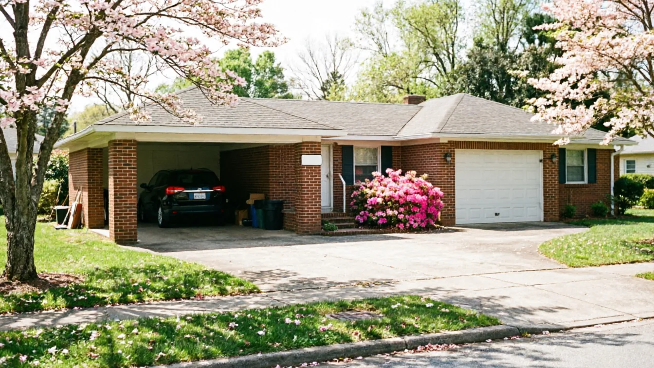 The house has a white garage door and an open carport with a black car inside.
