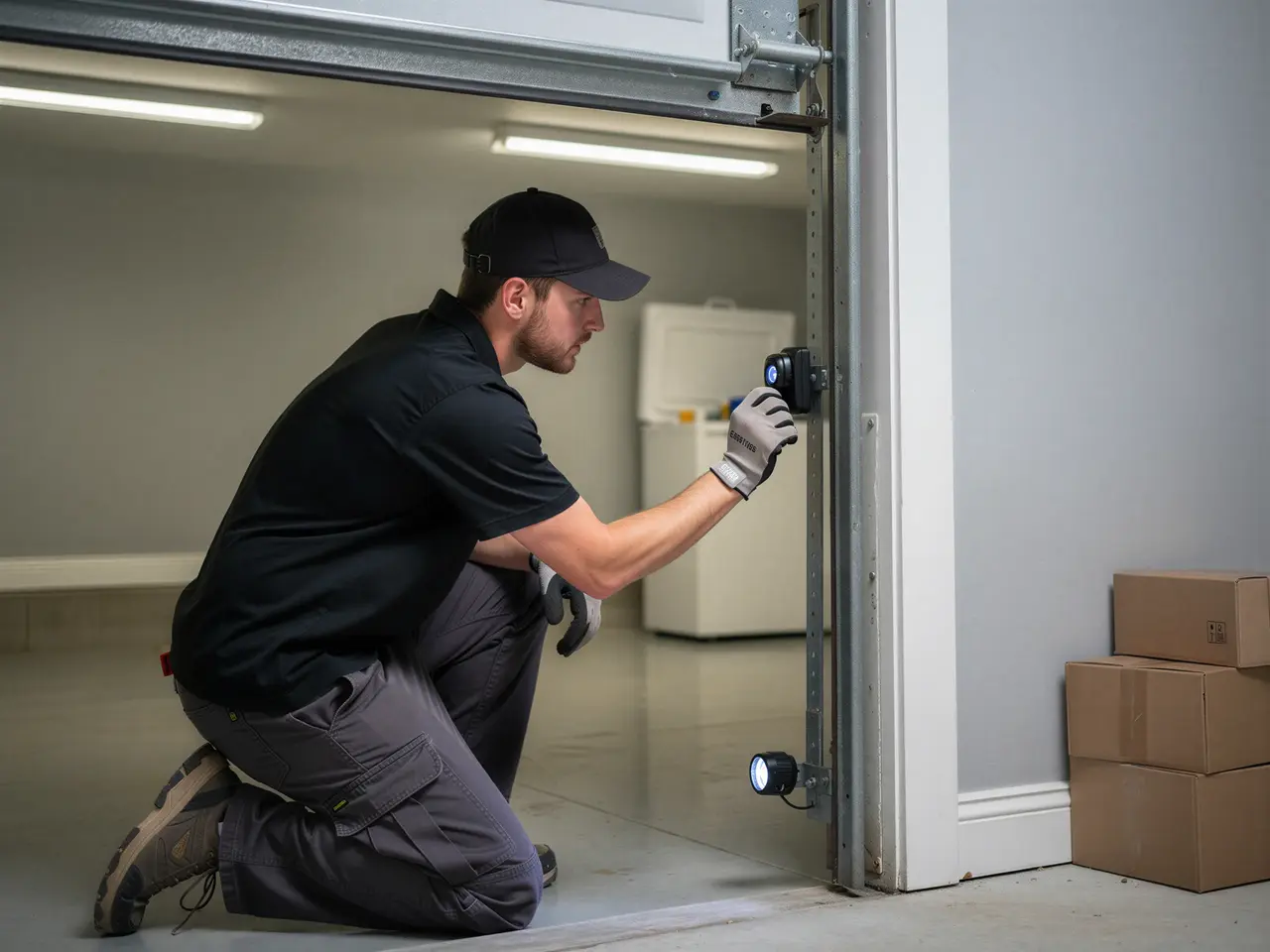 A technician kneels, inspecting the garage door safety sensors with a flashlight.