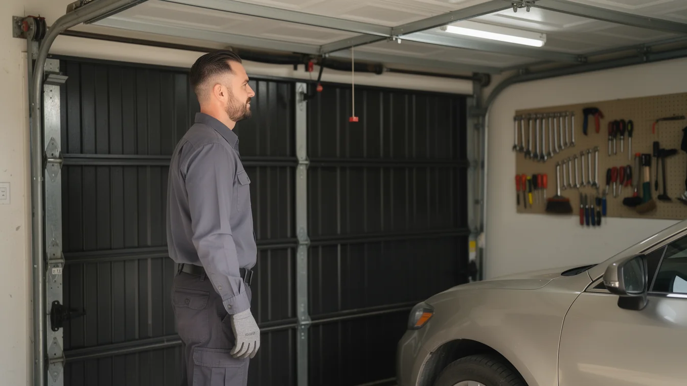 A technician stands in a garage with a dark gray garage door and a car.