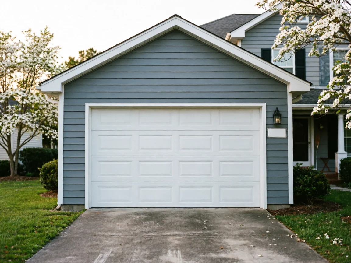A white garage door on a blue house with a driveway and blooming trees.