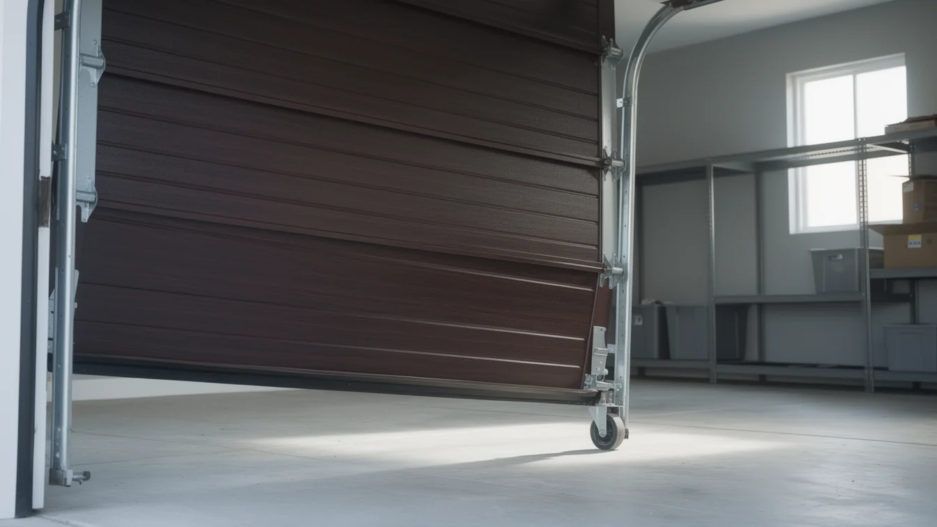 A brown garage door is partially open, revealing a concrete floor and a garage interior.